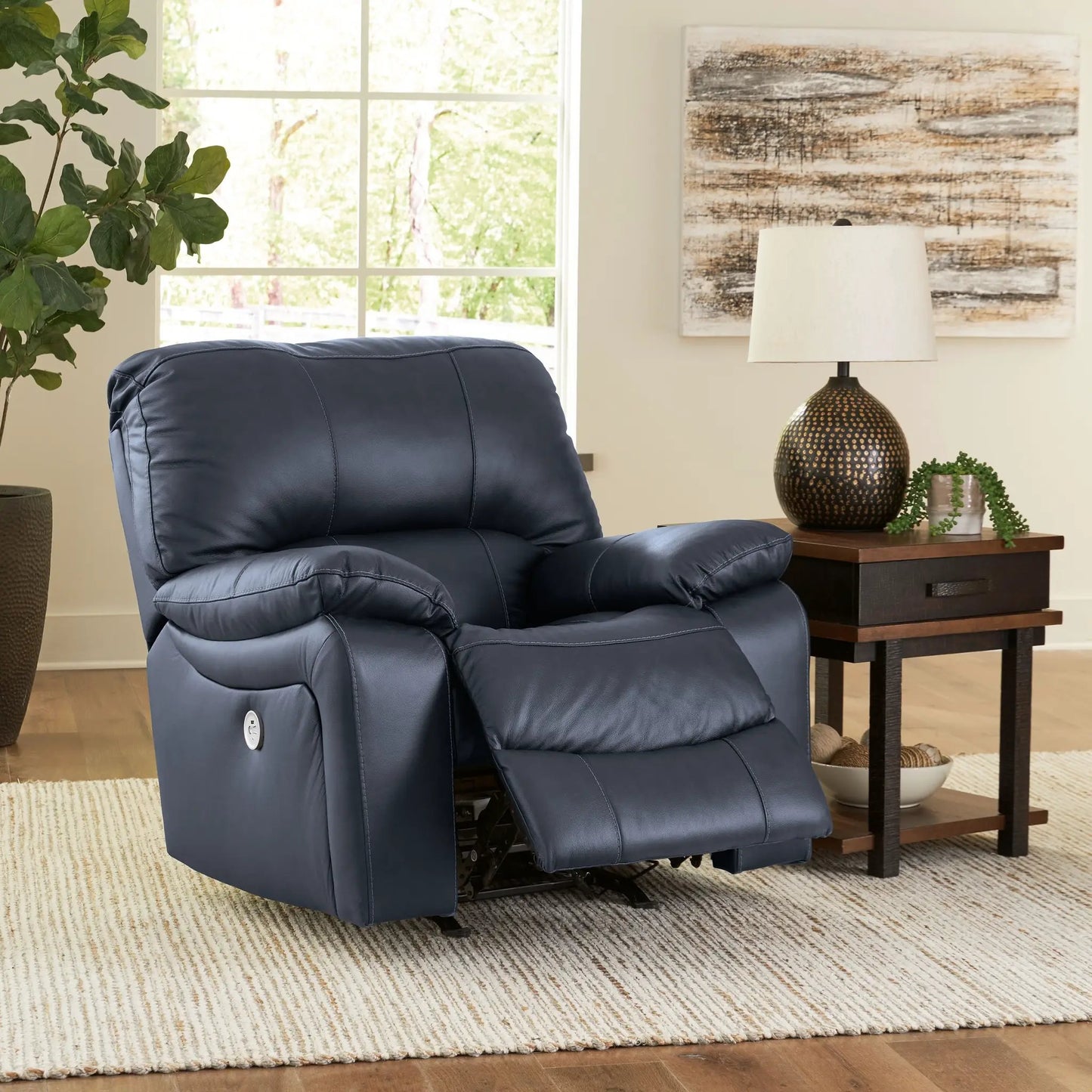 Leesworth Rocker Recliner blue leather with side control by Unique Piece Furniture living room on Tampa Home & Garden Store