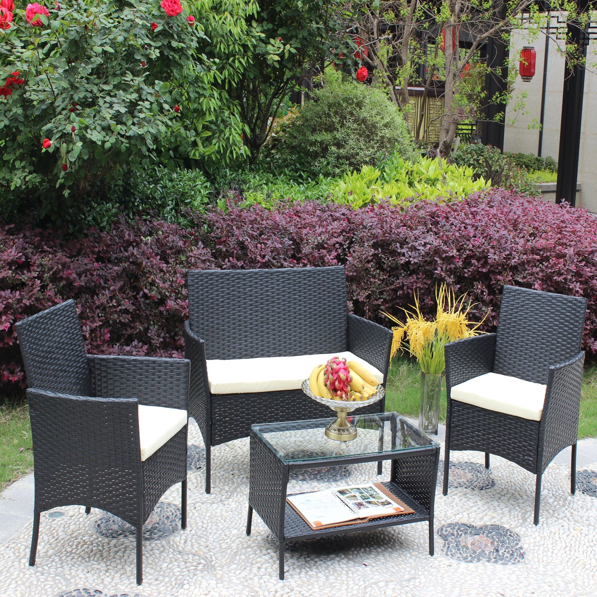 4 pc rattan patio furniture set with cushioned dark brown wicker chairs and glass table HouseOfZazla on Tampa Home & Garden Store