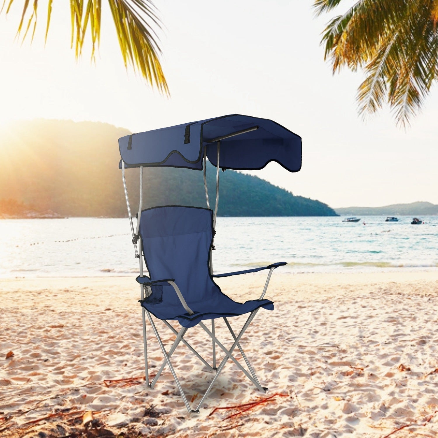 GemGear foldable blue beach canopy chair with cup holder and high back seating on Tampa Home & Garden Store