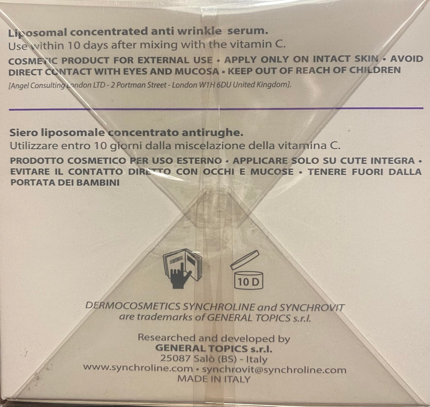 Synchroline liposomal anti-wrinkle serum box with external-use and mixing-instructions on Tampa Home & Garden Store