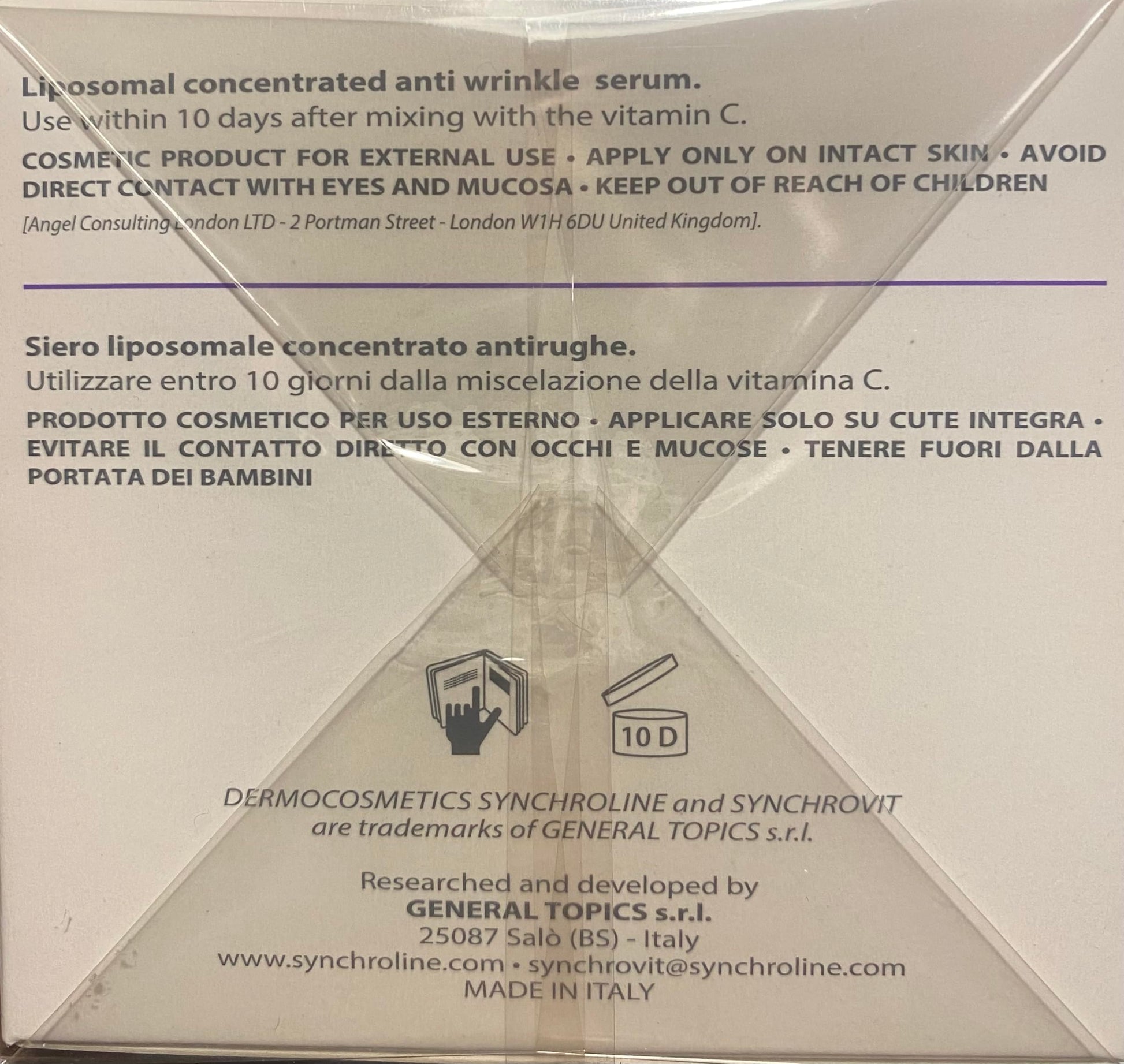 Synchroline liposomal anti-wrinkle serum box with external-use and mixing-instructions on Tampa Home & Garden Store