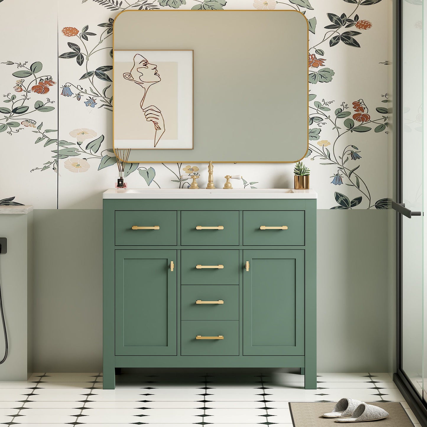 Bathroom vanity with sink combo; green cabinet with 4 drawers, gold hardware, modern on Tampa Home & Garden Store