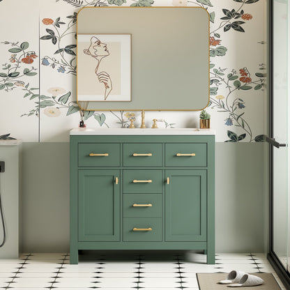Bathroom vanity with sink combo; green cabinet with 4 drawers, gold hardware, modern on Tampa Home & Garden Store