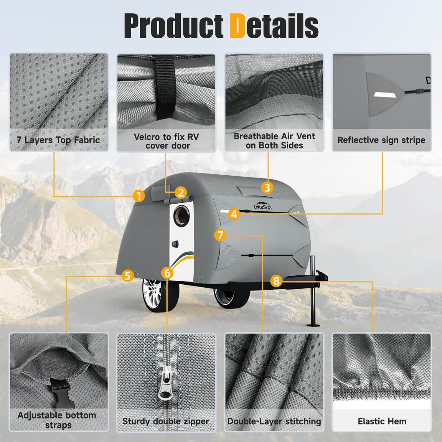 Teardrop trailer cover by Dikasun Outdoor, 7-layer top fabric, waterproof, adjustable straps on Tampa Home & Garden Store