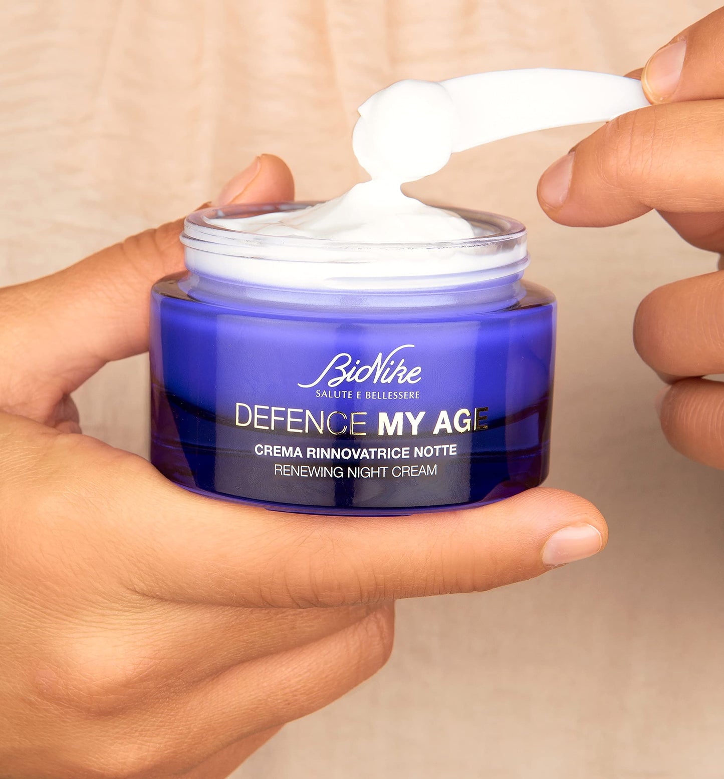 Face cream BioNike Defence My Age Renewing Night Cream in blue jar with white cream on Tampa Home & Garden Store