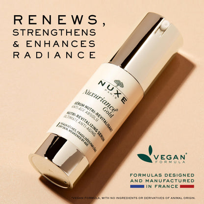 Face serum Nuxe Nuxuriance Gold with gold-cap white bottle on Tampa Home & Garden Store