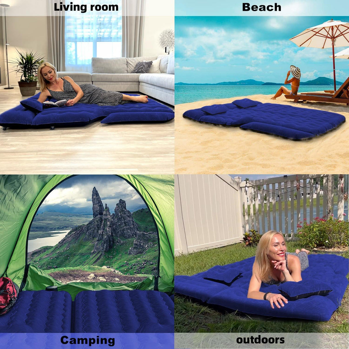 Umbrauto SUV Air Mattress 1.0 Navy shown in living room, beach, tent, and outdoors on Tampa Home & Garden Store