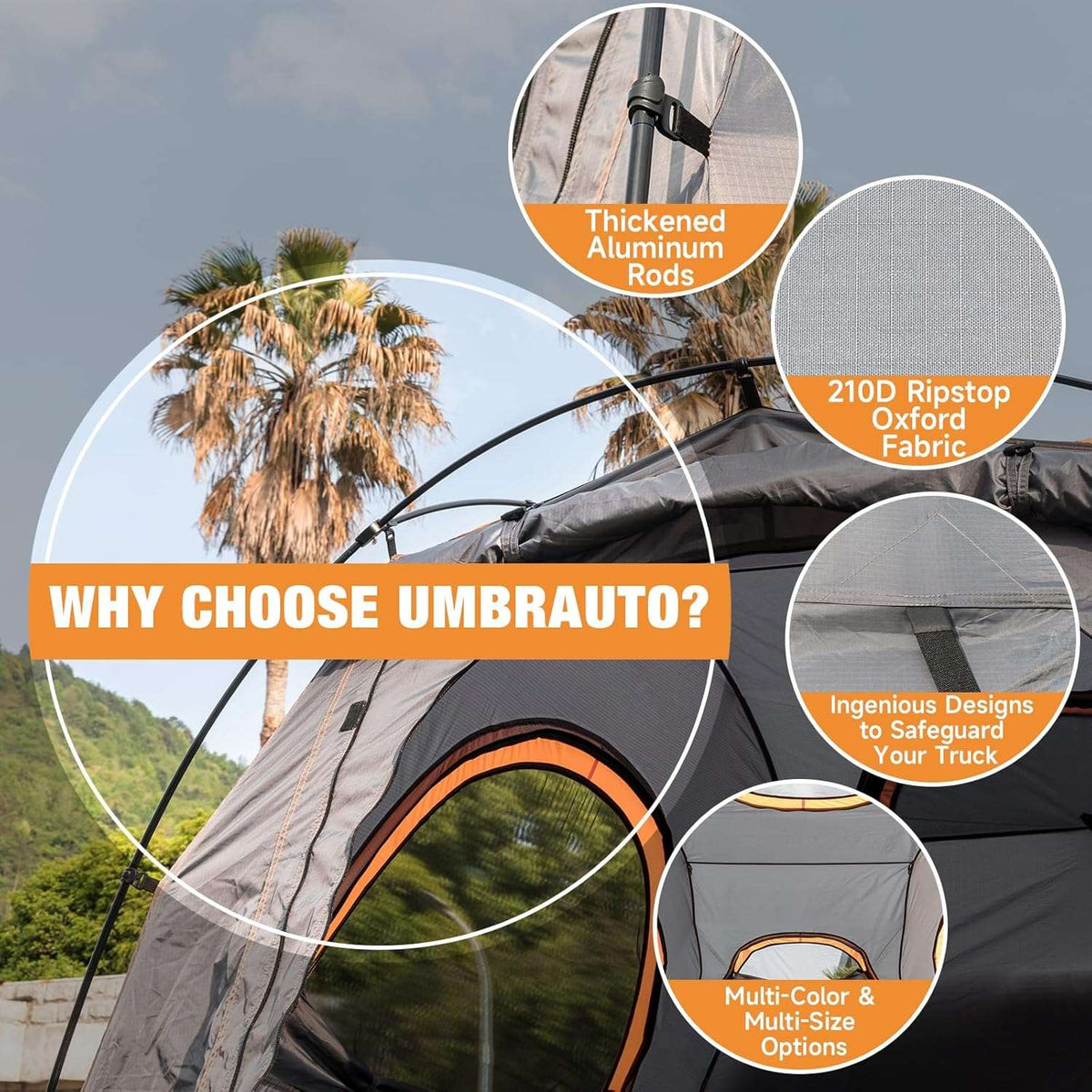 Umbrauto 6.4–6.7ft truck bed tent for 2, gray fabric with orange trim, quick setup on Tampa Home & Garden Store