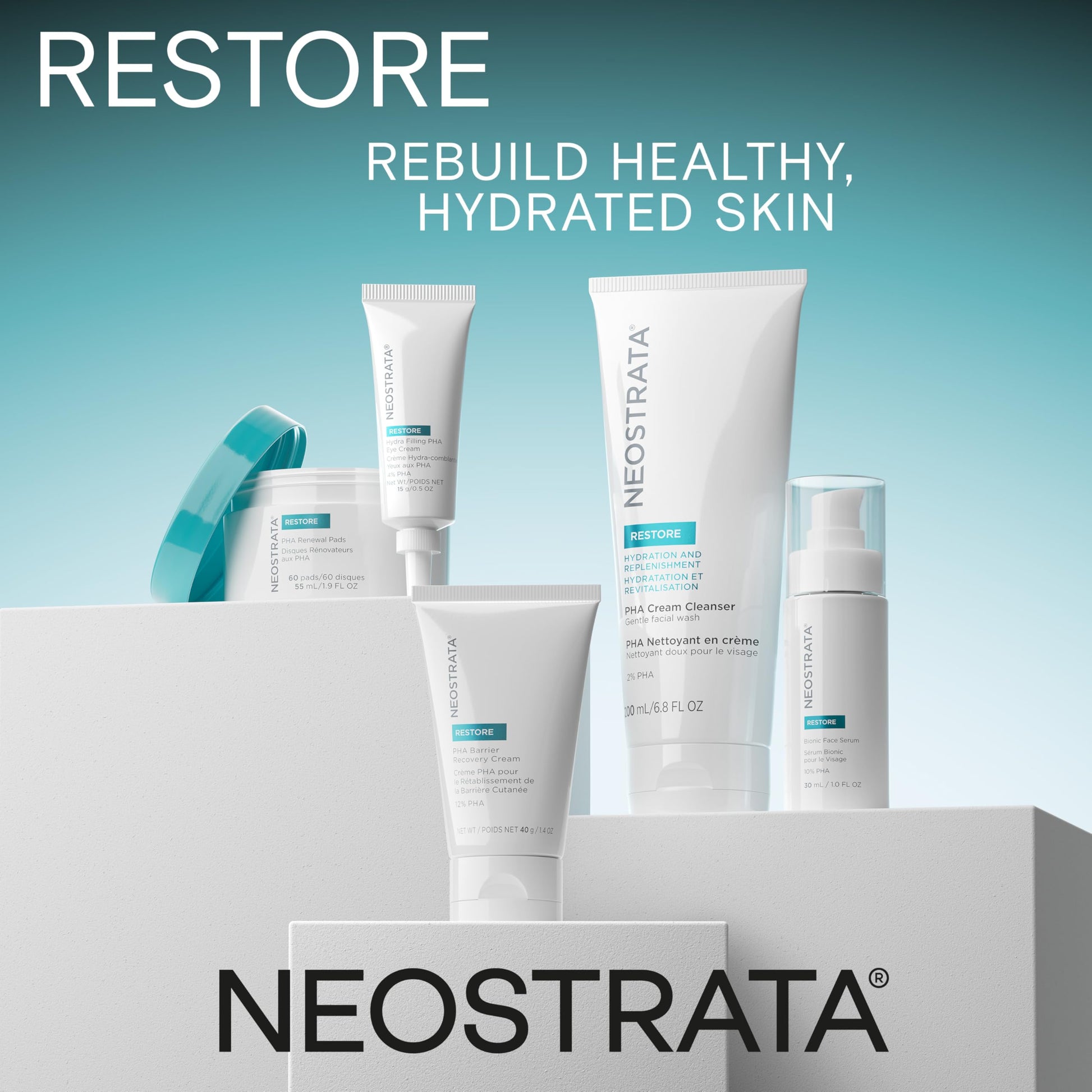 Neostrata Restore Bionic Face Serum and Restore tubes with turquoise on teal backdrop on Tampa Home & Garden Store