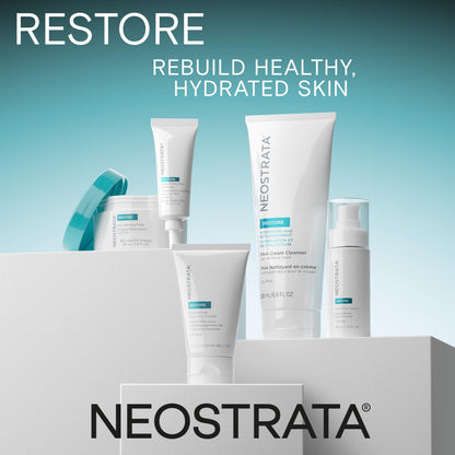 Neostrata Restore Bionic Face Serum and Restore tubes with turquoise on teal backdrop on Tampa Home & Garden Store