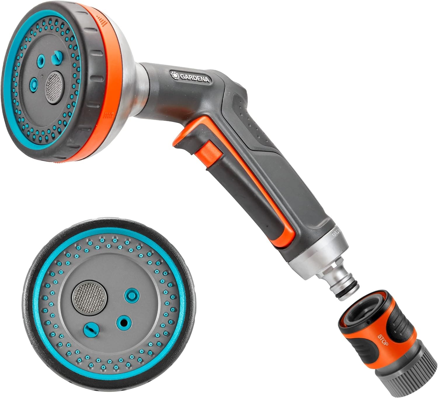 Gardena Premium Multi Sprayer watering hose nozzle with five spray patterns orange accents on Tampa Home & Garden Store