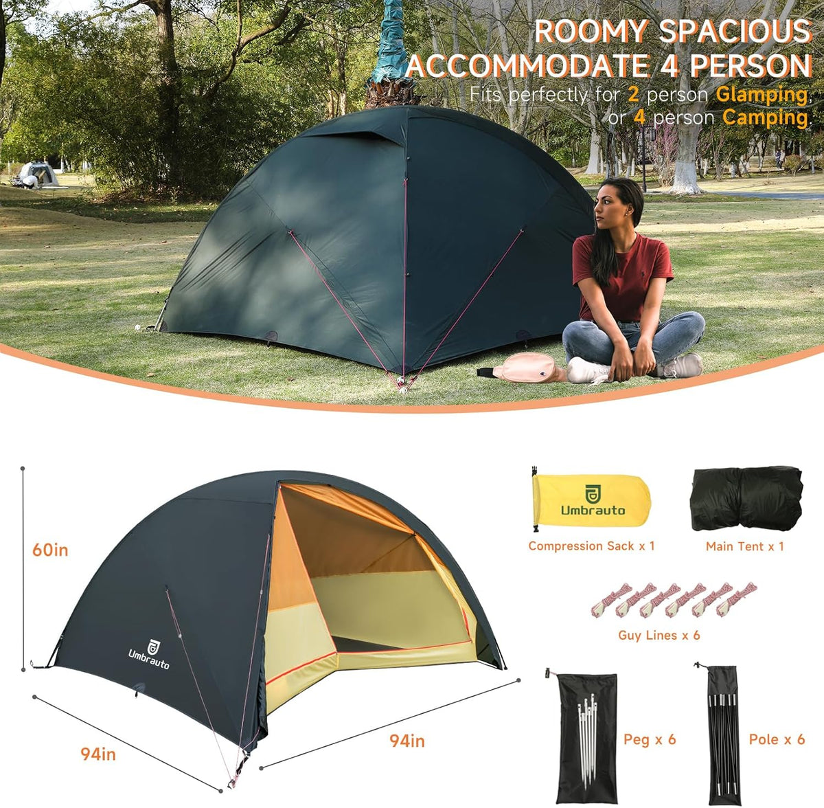 Umbrauto 4-Person Ultralight Dome Tent, dark green waterproof 3-season camping shelter on Tampa Home & Garden Store
