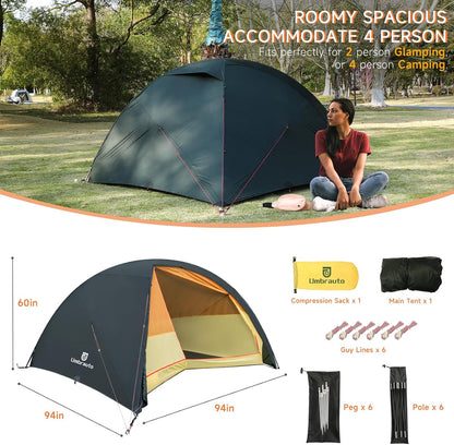 Umbrauto 4-Person Ultralight Dome Tent, dark green waterproof 3-season camping shelter on Tampa Home & Garden Store