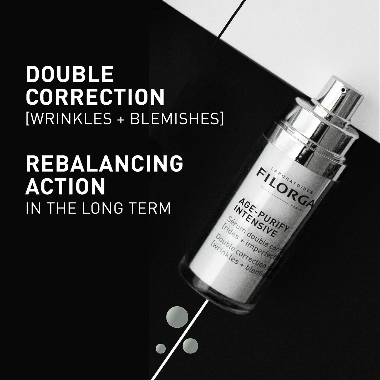 Filorga Age-Purify Intensive serum bottle with silver cap on bold black promo background on Tampa Home & Garden Store