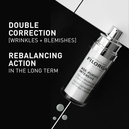 Filorga Age-Purify Intensive serum bottle with silver cap on bold black promo background on Tampa Home & Garden Store