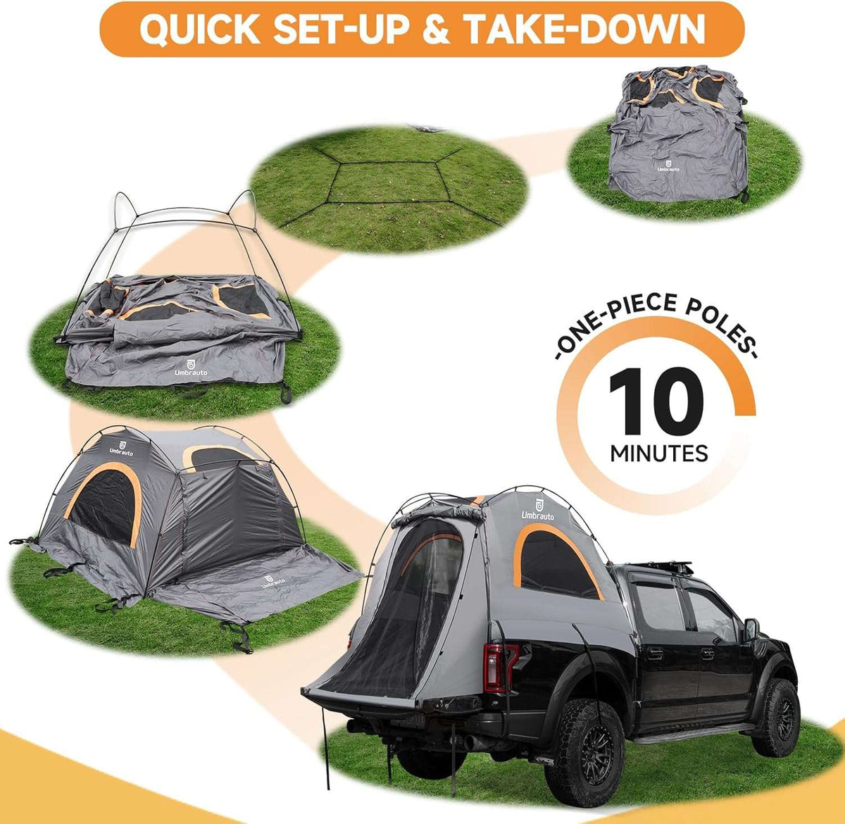 Umbrauto 2-person truck bed tent, 6.4-6.7ft, grey with orange trim, quick 10-minute setup on Tampa Home & Garden Store