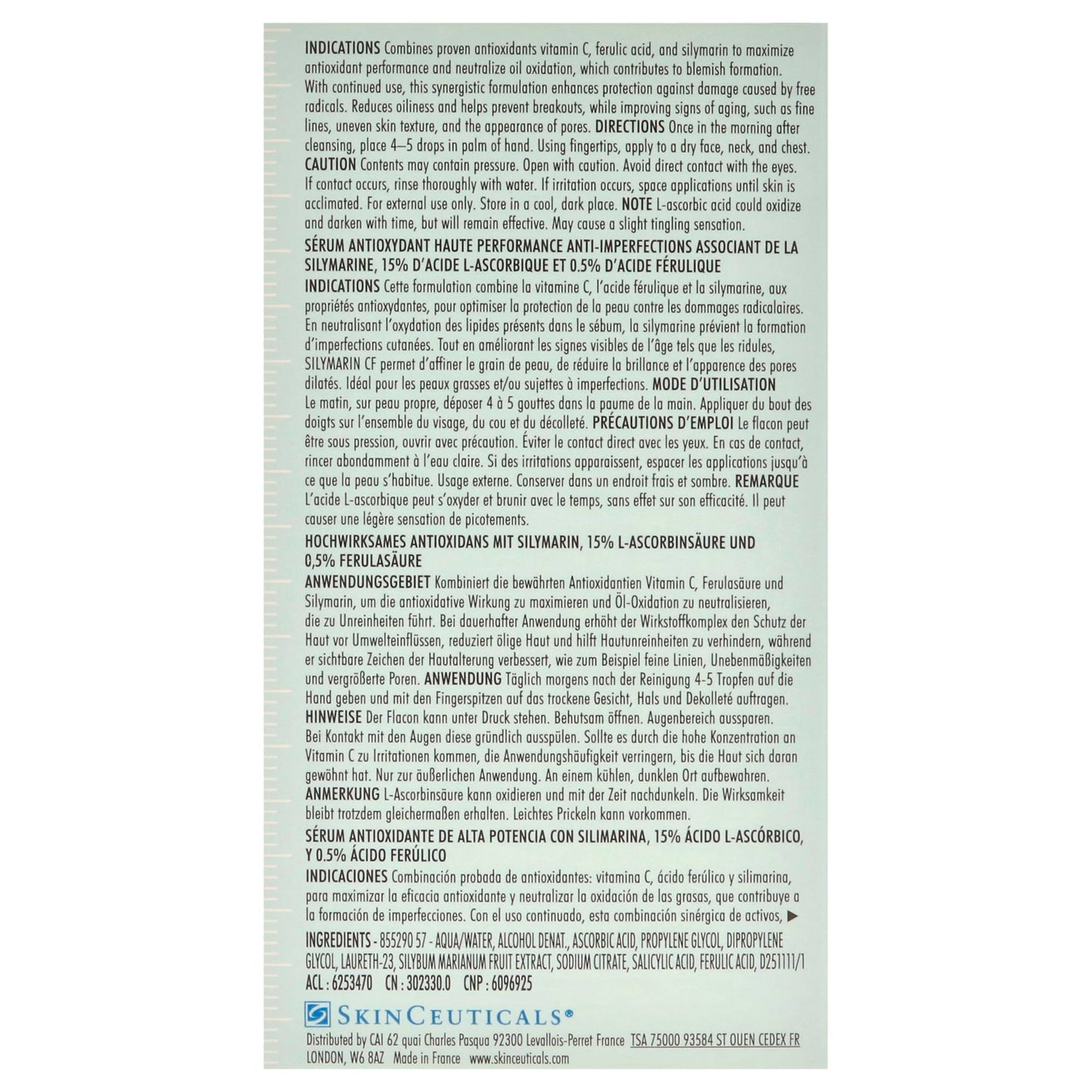 SkinCeuticals Silymarin CF antioxidant serum packaging back label on blue-green box on Tampa Home & Garden Store