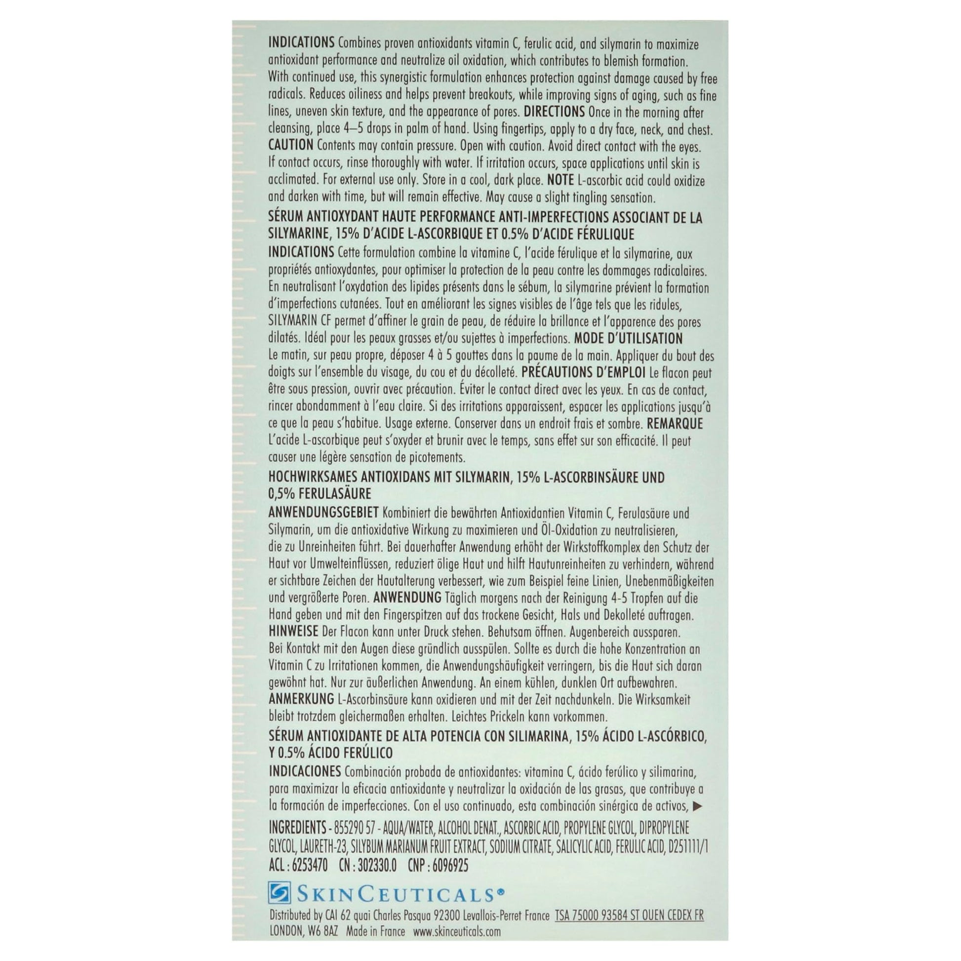 SkinCeuticals Silymarin CF antioxidant serum packaging back label on blue-green box on Tampa Home & Garden Store