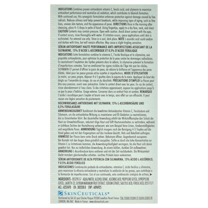 SkinCeuticals Silymarin CF antioxidant serum packaging back label on blue-green box on Tampa Home & Garden Store