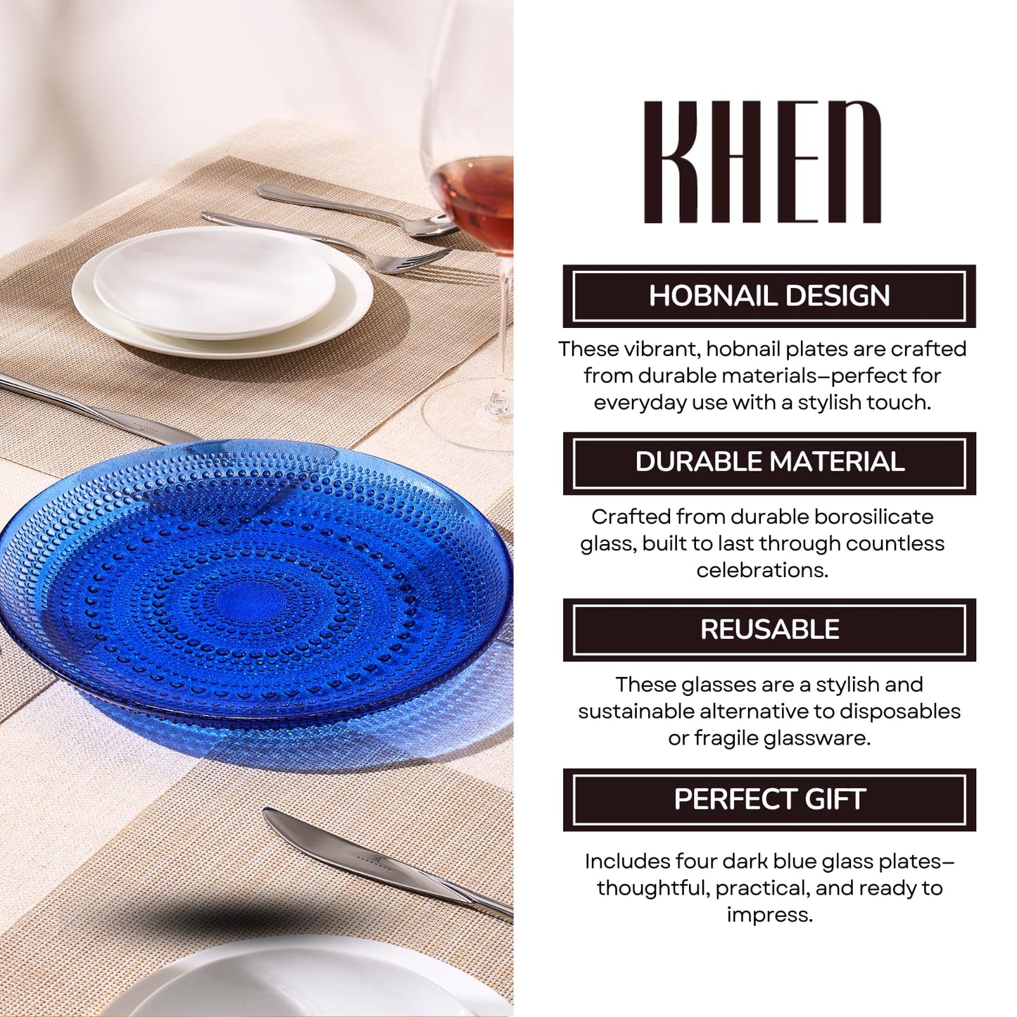 Dark Blue Hobnail Glass Dinner or Charger Plates