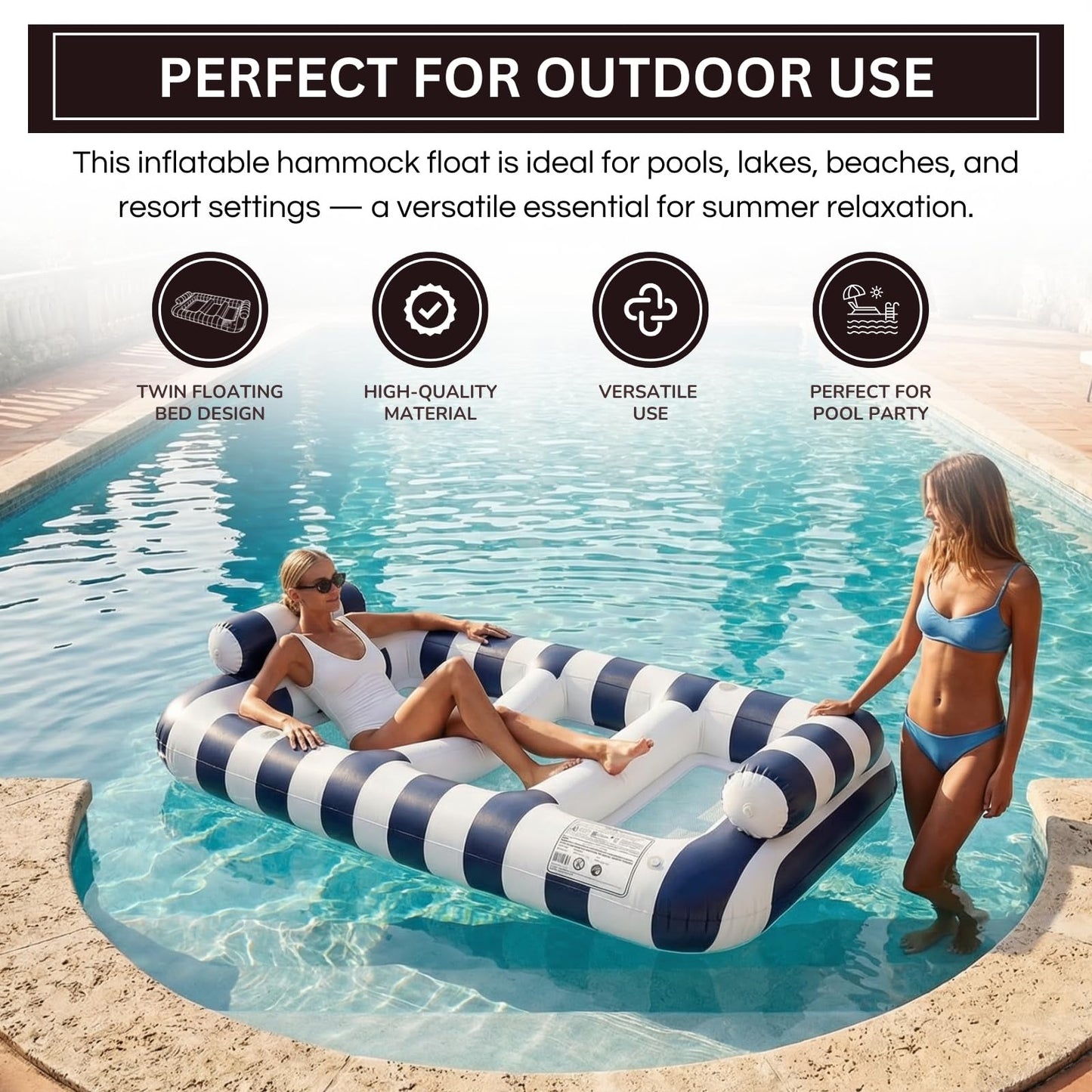 Navy Blue Twin Hammock Pool Float And Drink Cups