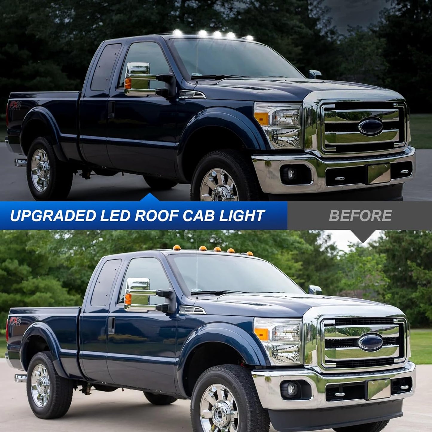 Ford F-250 Super Duty blue pickup with clear smoked amber LED roof cab lights on the cab roof on Tampa Home & Garden Store