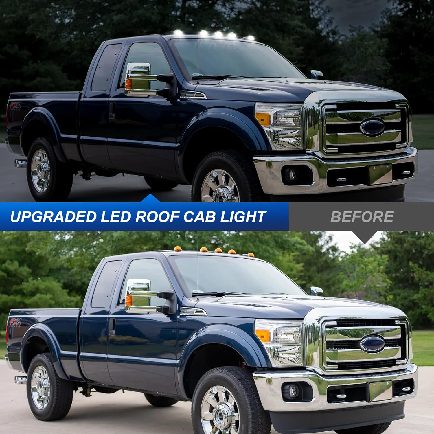 Ford F-250 Super Duty blue pickup with clear smoked amber LED roof cab lights on the cab roof on Tampa Home & Garden Store