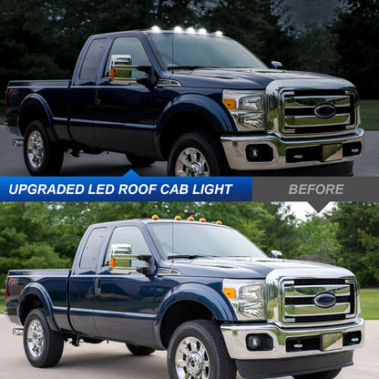 Ford F-250 Super Duty blue pickup with clear smoked amber LED roof cab lights on the cab roof on Tampa Home & Garden Store