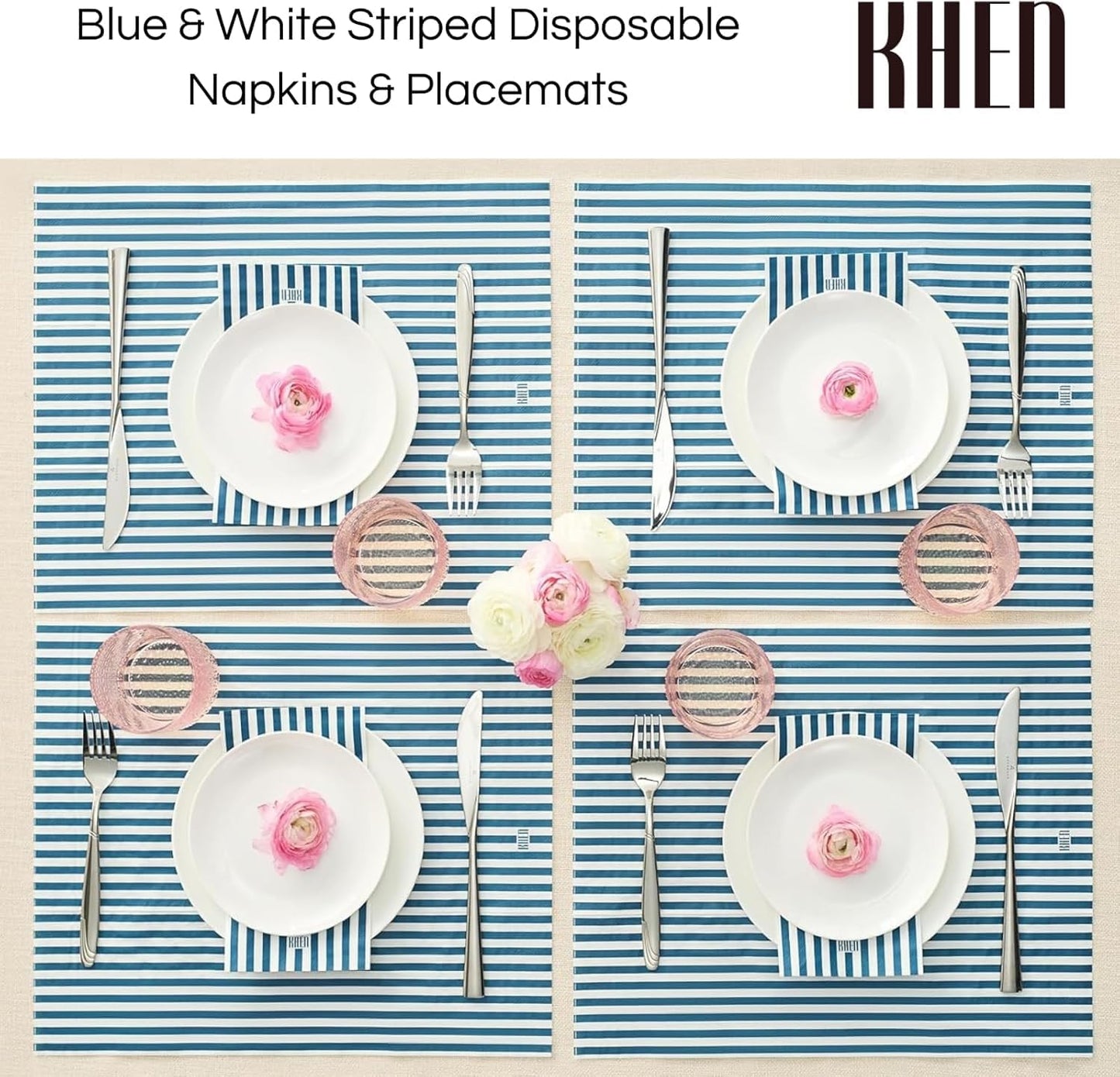 Blue Striped Disposable Paper Napkins Set of 50