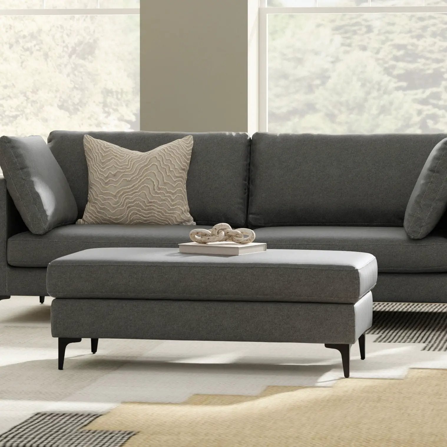 Ava Versatile Mid Century Ottoman in dark gray upholstery on Tampa Home & Garden Store