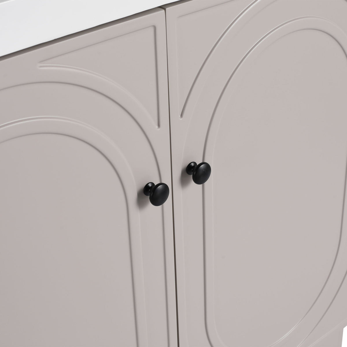 Freestanding 2-door vanity in light gray with curved panels and black knobs soft close on Tampa Home & Garden Store