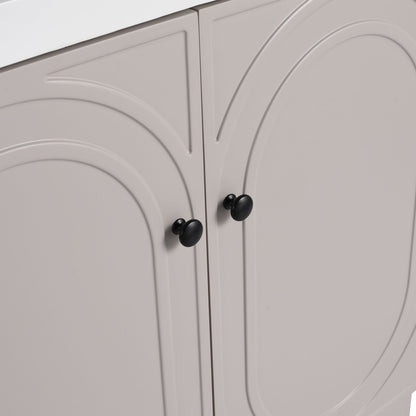 Freestanding 2-door vanity in light gray with curved panels and black knobs soft close on Tampa Home & Garden Store