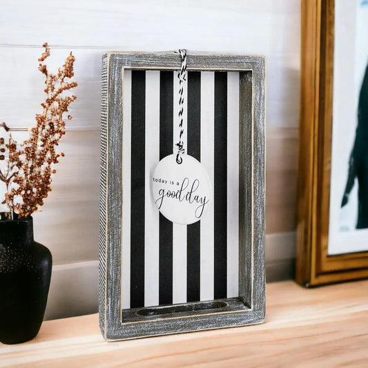 Gia Roma Good Day Stripes serving tray with gray frame and black and white stripes on Tampa Home & Garden Store