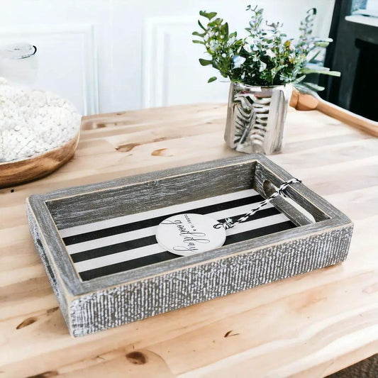 Gia Roma Good Day Stripes serving tray with distressed gray frame and black white stripes on Tampa Home & Garden Store