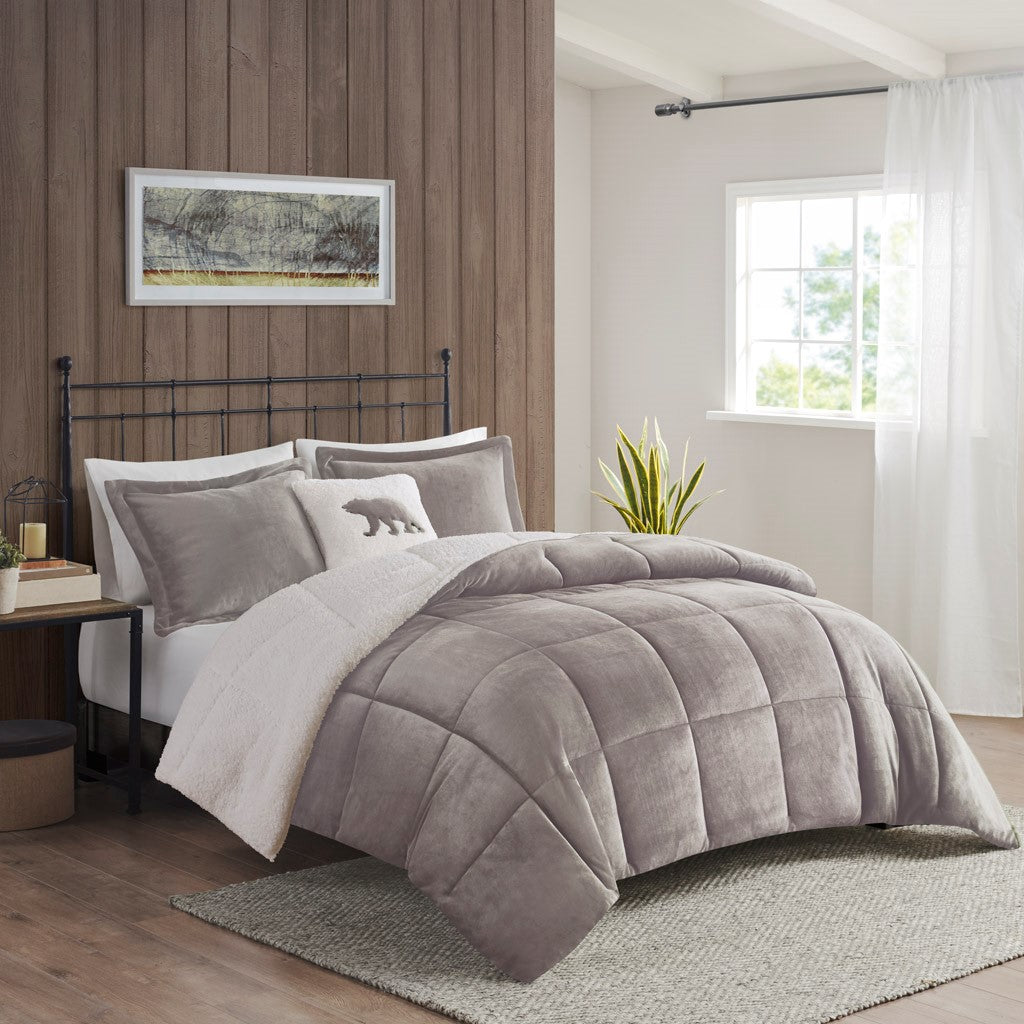 Full/Queen Plush to Sherpa Down Alternative Comforter Set gray plush with sherpa reverse by HouseOfZazla on Tampa Home & Garden Store