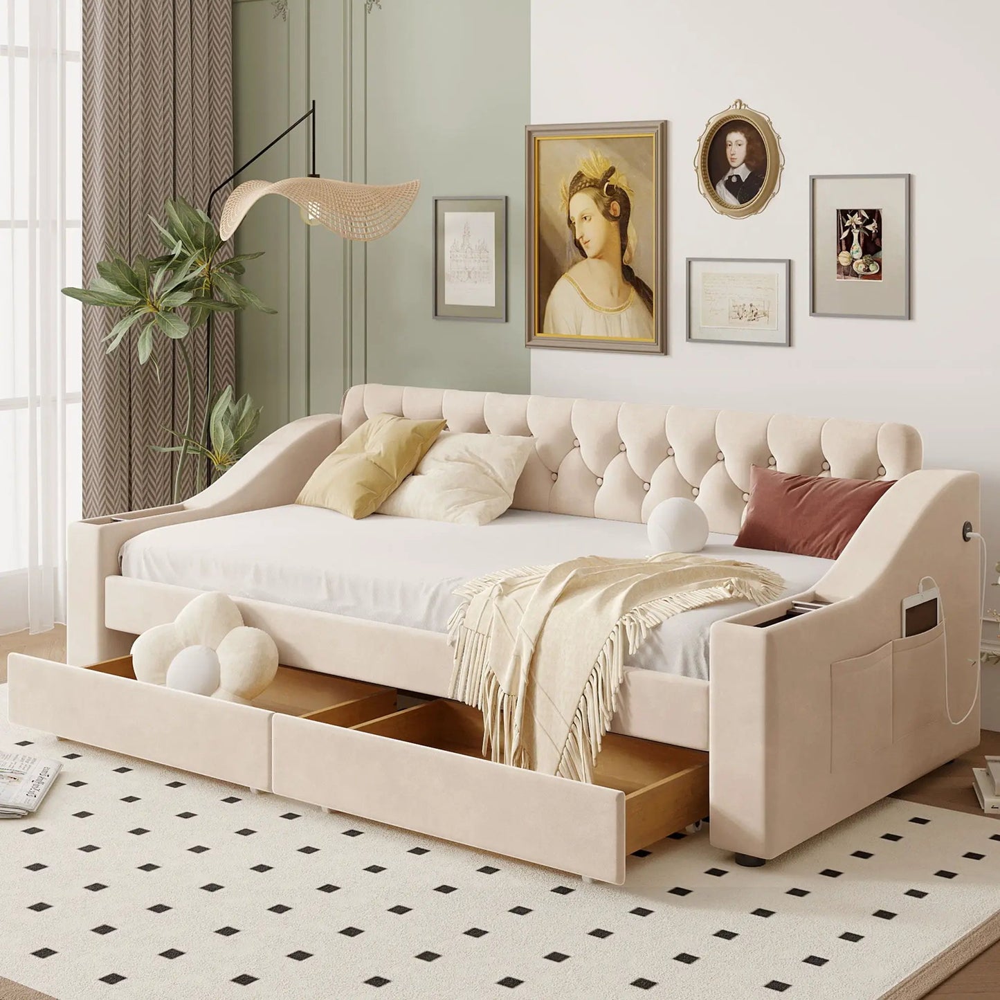 Upholstered daybed with storage armrests and USB port by Unique Piece Furniture on Tampa Home & Garden Store