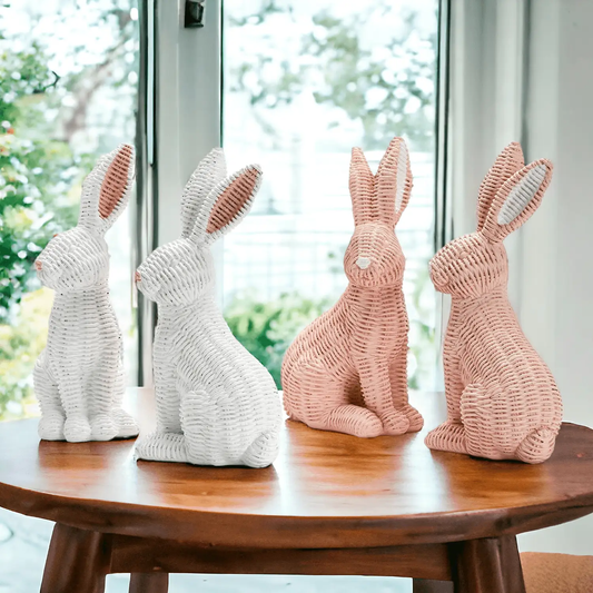 Basket Weave Bunny wicker decor by Gia Roma; white and pink rabbits on a round wooden table on Tampa Home & Garden Store
