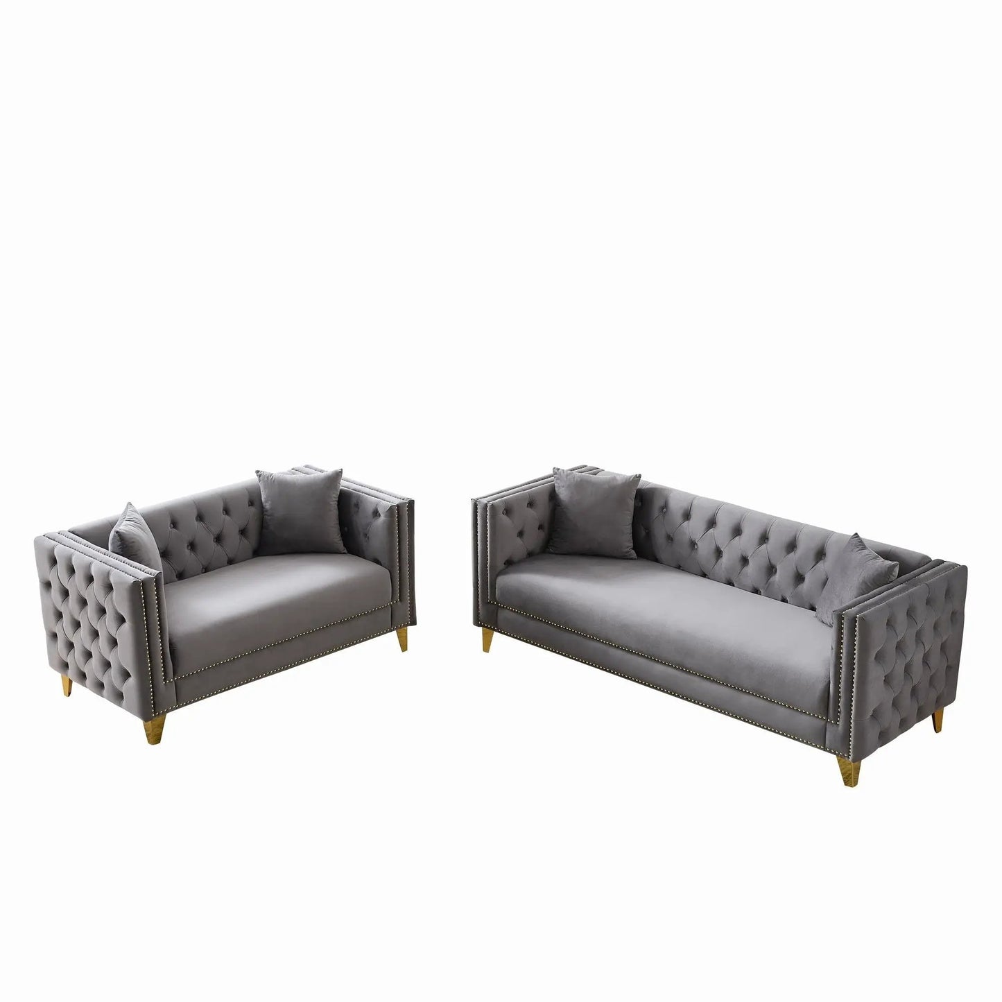Deep-seat gray tufted sofa pair with nailhead, square arms by Unique Piece Furniture on Tampa Home & Garden Store
