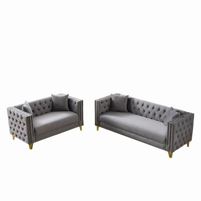 Deep-seat gray tufted sofa pair with nailhead, square arms by Unique Piece Furniture on Tampa Home & Garden Store