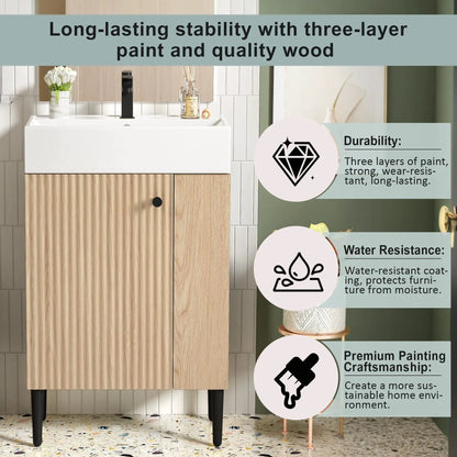 Bathroom vanity with combo cabinet and single ceramic sink in light wood finish, black faucet on Tampa Home & Garden Store
