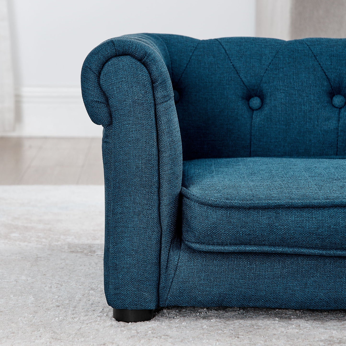 Modern Elegant Rectangle Pet Bed blue textured fabric, elevated dog sofa with button-tufted back and arm on Tampa Home & Garden Store