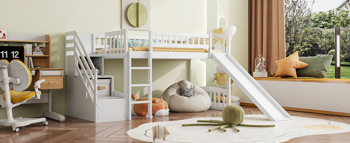 Loft stairway bed with slide and two built-in drawers in white wood by HouseOfZazla on Tampa Home & Garden Store