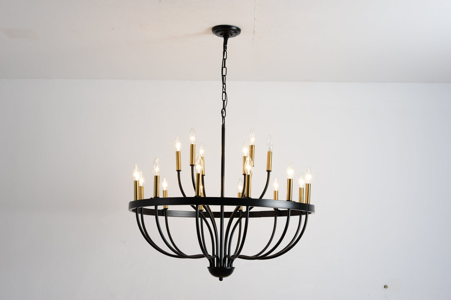 15-light industrial iron chandelier in black with gold candle cups, chain-hung farmhouse on Tampa Home & Garden Store