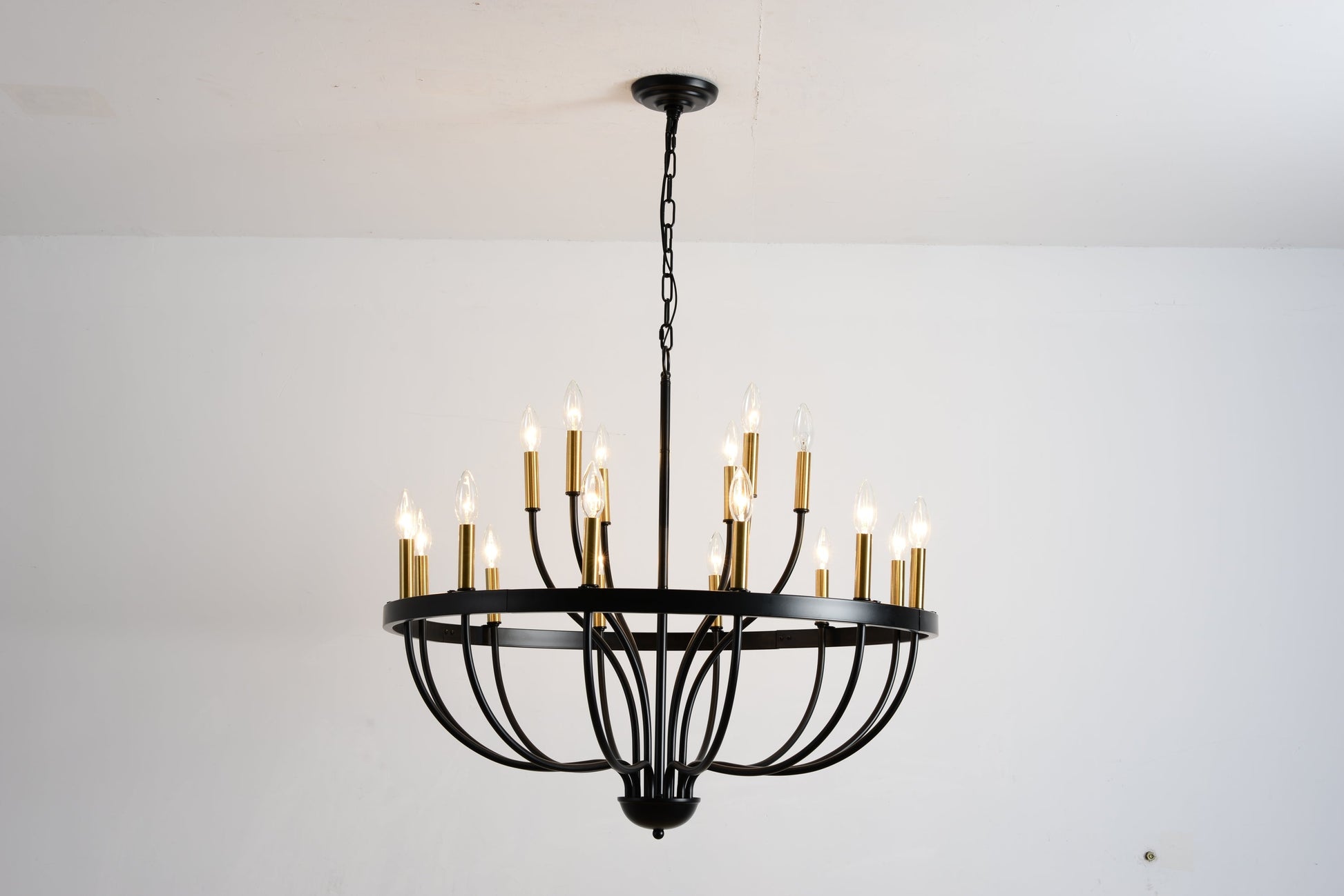 15-light industrial iron chandelier in black with gold candle cups, chain-hung farmhouse on Tampa Home & Garden Store