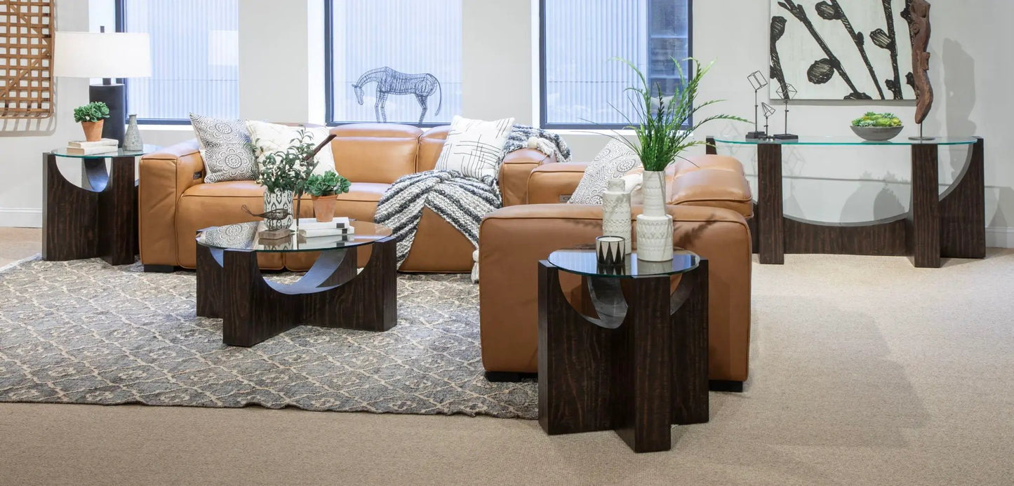 Beckham End Table by Unique Piece Furniture with glass top and dark wood base on Tampa Home & Garden Store