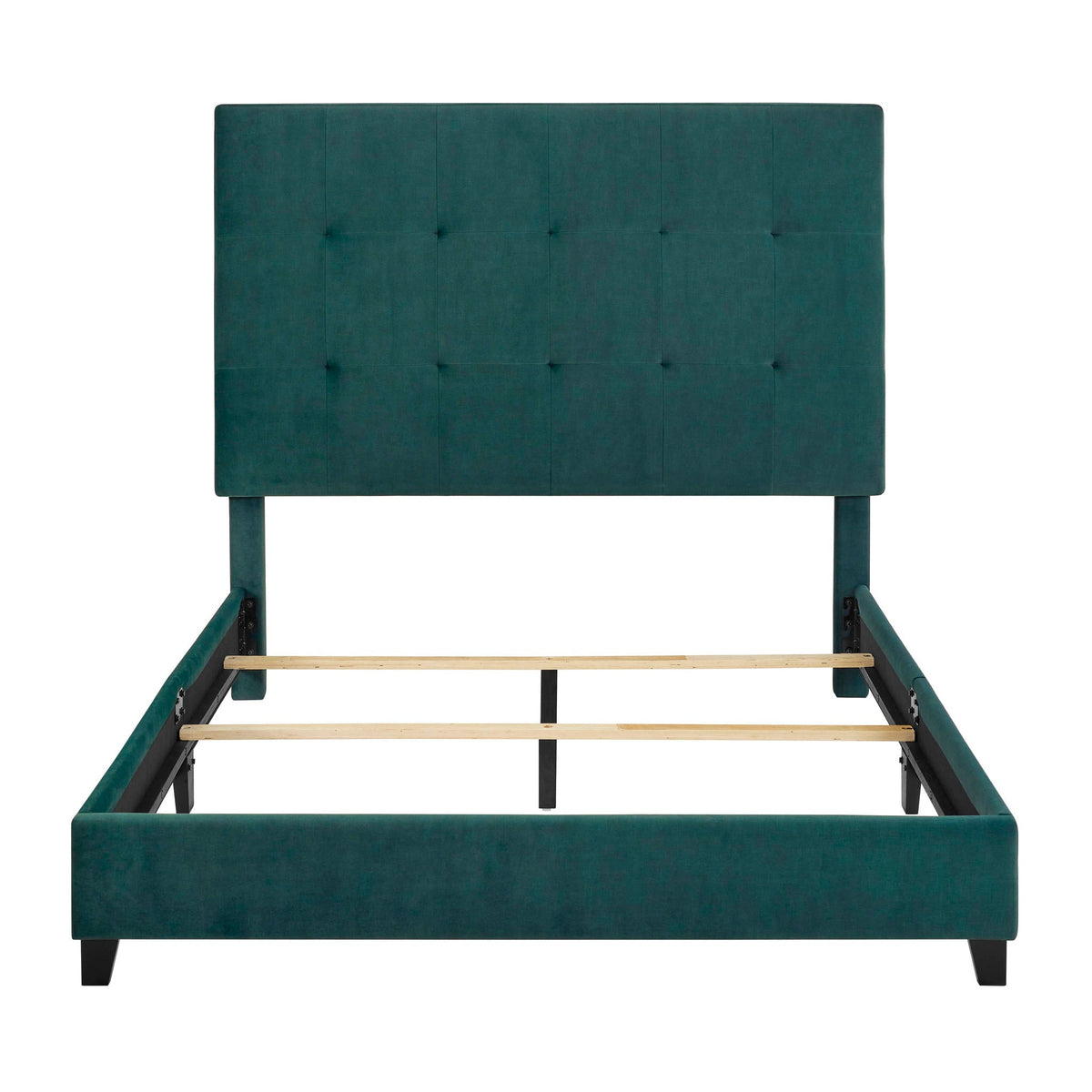 Tufted upholstered headboard in teal velvet with square tufting and black legs HouseOfZazla on Tampa Home & Garden Store