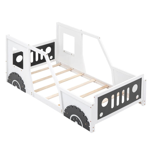 Twin size car-shaped platform bed with wheels, white frame, wood slat base, black panel accents on Tampa Home & Garden Store