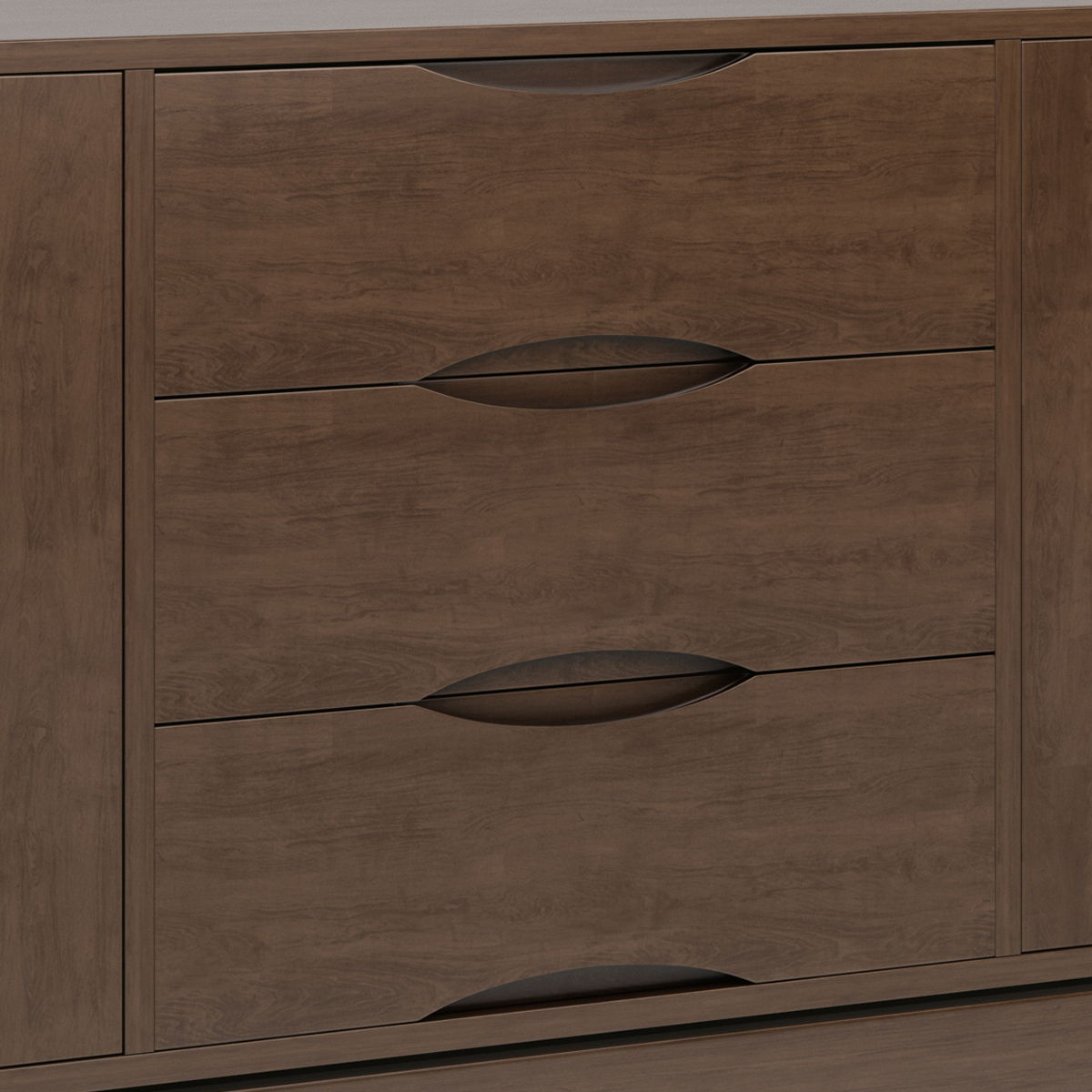 Solid wood sideboard with three wide drawers in warm brown finish and oval pulls on Tampa Home & Garden Store