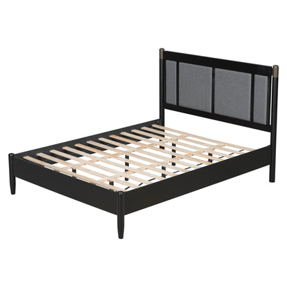 Queen bed frame with black metal rails, upholstered headboard, slats; no box spring needed on Tampa Home & Garden Store