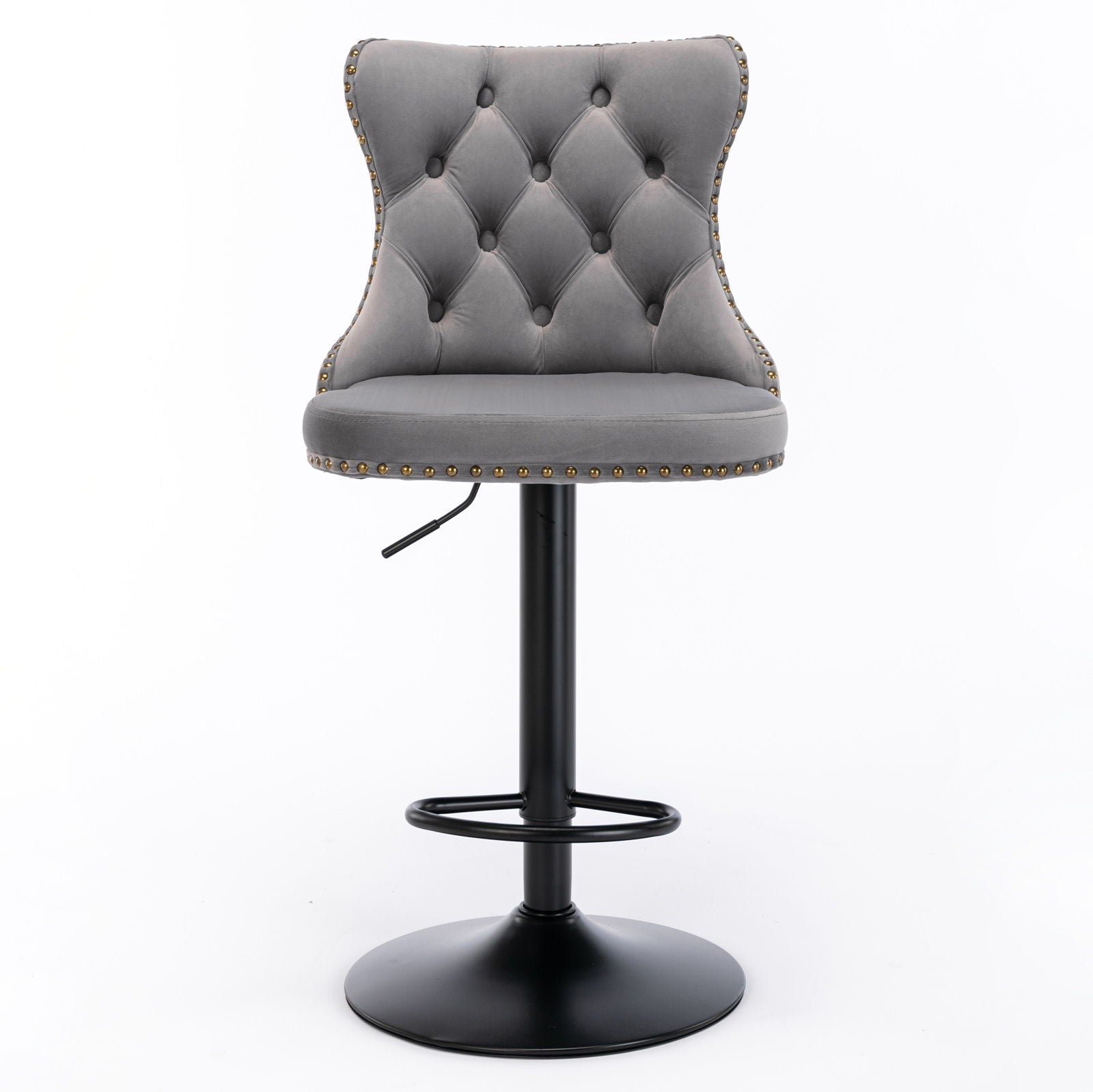 Swivel bar stool with tufted grey upholstery and adjustable height on Tampa Home & Garden Store